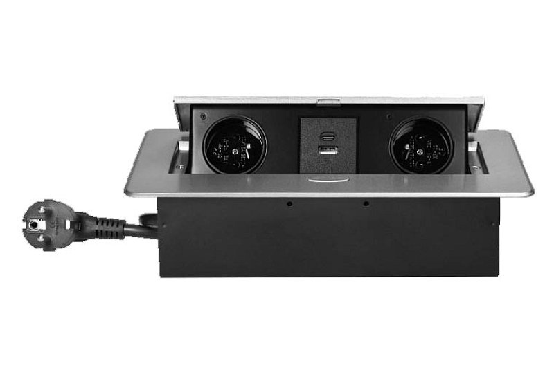 Výklopná elektrická zásuvka 2xEU, USB A+C , ALU