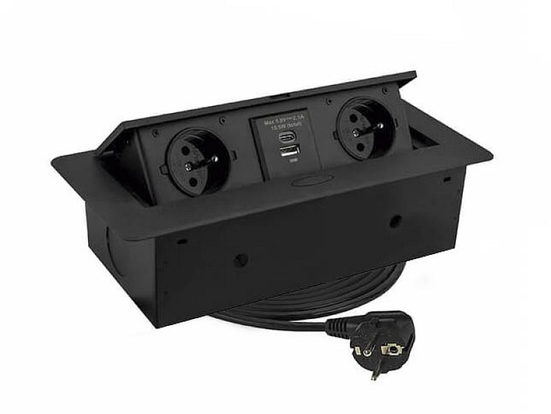 Výklopná 2x zásuvka,USB A+C, ČIERNA
