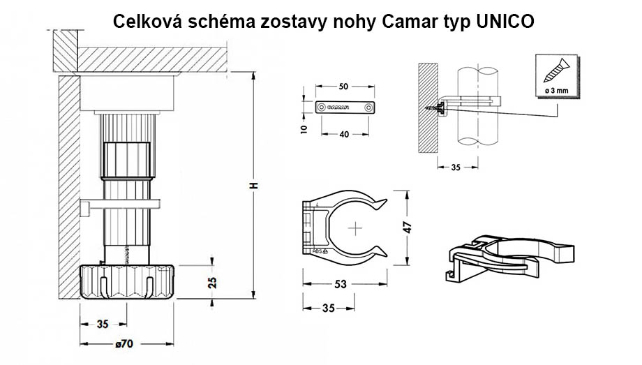 Soklová nožička Camar typ UNICO schéma celej zostavy